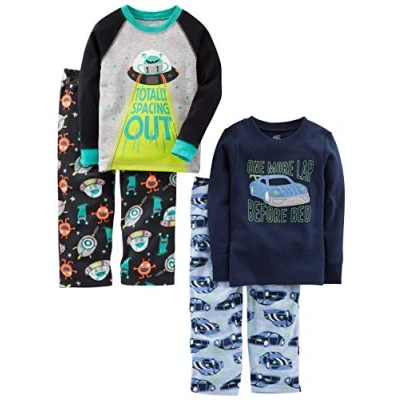 Abbildung von Simple Joys by Carter&#039;s Jungen 4 teiliges Schlafanzug Set (Baumwolloberteil und Fleece Hose), Autos/Weltraum, 5 Jahre