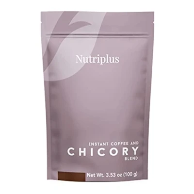 Abbildung von Nutriplus Mischung aus löslichem Kaffee und Chicorée. gemahlene Chicorée Wurzeln in Pulverform bieten Unterstützung von Inulin, präbiotische Fasern für den Stoffwechsel, verbessern das