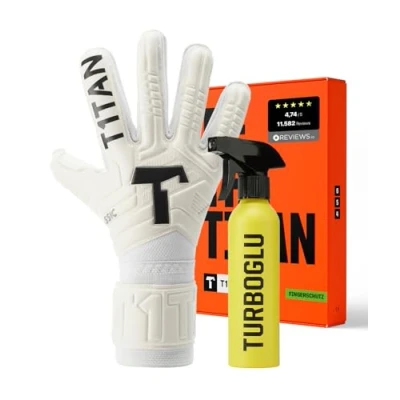Abbildung von T1TAN Classic 1.0 White Out Junior (FP) + Turboglu Torwarthandschuhe Kinder und Grip Booster mit Fingerschutz Fußballhandschuhe für Torhüter Größe 6