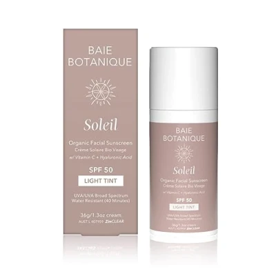 Abbildung von Baie Botanique Soleil Bio Gesichts Sonnenschutz LSF 50 Vitamin C für das Gesicht Hyaluronsäure leicht getönt Breitspektrumschutz 36g
