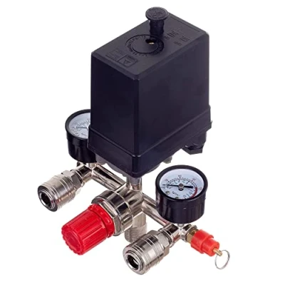 Abbildung von Druckregler 400 V mit Druckschalter 2 Messanzeigen von 0 bis 12 bar, Außengewinde 1/2“ ( 21 mm), für 400V Kompressor, Druckluft Abschaltautomatik, TYP PL