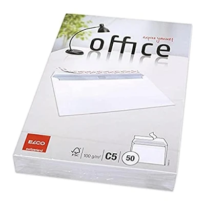 Abbildung von Elco 74491.12 Office Verpackung mit 50 Briefumschläge/Versandtasche, Haftklebeverschluss, C5, 100g, weiss, Fenster: nein
