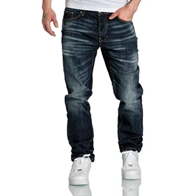Abbildung von Amaci&amp;Sons Herren Jeans Regular Straight Fit Denim Hose Destroyed 7984 Dunkelblau W34/L32
