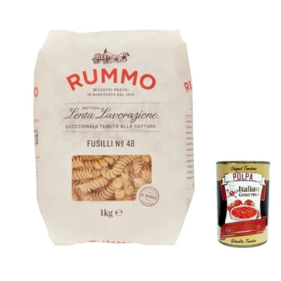 Abbildung von 8x Rummo Fusilli N. 48 Hartweizengrieß Pasta Italienische Nudeln 1kg Packung + Italian Gourmet Polpa di Pomodoro 400g Dose