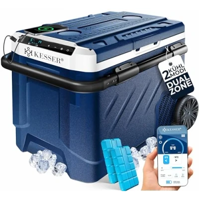 Abbildung von KESSER® Kompressor Kühlbox elektrisch 61 Liter Camping Gefrierbox Mit LED Touch APP Steuerung &amp; Kühlakkus USB Anschluss 12/24 V 230V Kühlschrank Kühlung bis 20 C für Auto LKW Navyblau