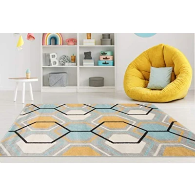Abbildung von Carpeto Rugs Teppich Wohnzimmer Kurzflor Grau Modern Geometrisch Wabenmuster Rauten Muster Niedrigflor für Jugenzimmer Kinderzimmer/Öko Tex Türkis Gelb 240 x 330 cm