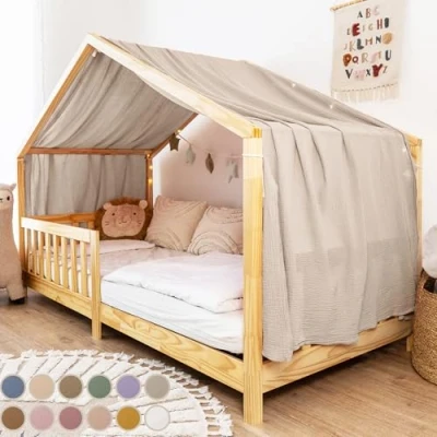 Abbildung von lilimaus Betthimmel aus Musselin Hausbett Deko für Mädchen &amp; Jungen, Stilvolle Kinderzimmerdeko Baumwolle gemütliche Hausbetten