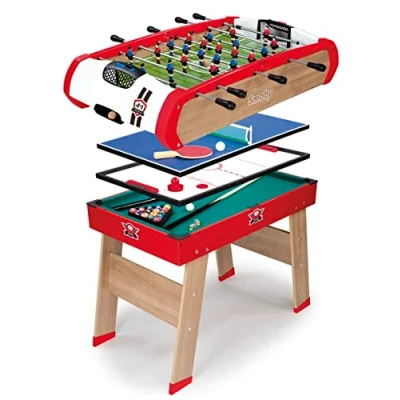 Abbildung von Smoby Tischkicker Powerplay 4 in 1 Fußball Tischtennis Hockey + Billard Aus Holz Mit Zubehör Ab 8 Jahre