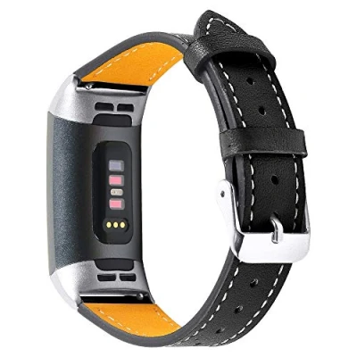 Abbildung von INF Schwarz Leder Armband für Fitbit Charge 3 4 Klassisch Ersatzband