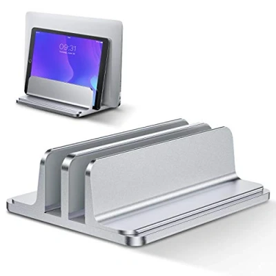 Abbildung von Bewahly Doppelt Vertikaler Laptop Ständer, Aluminium Verstellbarer Notebook Ständer Platzsparender Halterung für MacBook Pro/Air, iPad, Samsung, Huawei, Surface, Dell, HP, Lenovo und andere (Silber)