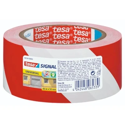 Abbildung von tesa Signal Markierungsklebeband UNIVERSAL selbstklebendes Warnband zur permanenten Markierung und Kennzeichnung von Gefahrenzonen aus robustem PP 66 m x 50 mm Rot/Weiß
