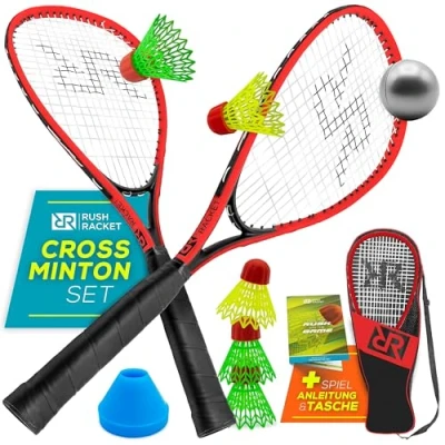 Abbildung von Rush Racket Speed Badminton Set RS3 5 teiliges Crossminton mit 2 Turbo Schlägern, Federbällen, 1 Softball, 8 Feldmarkierungen &amp; Tragetasche Outdoor Indoor Speedbadminton Rot