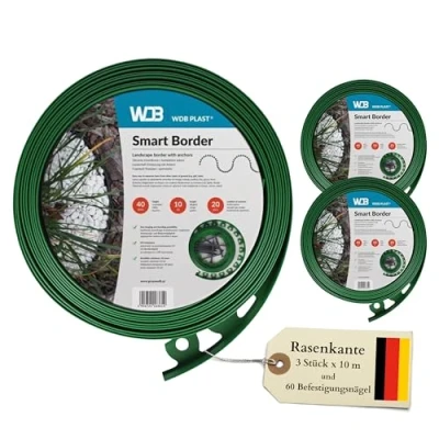 Abbildung von WDB Flexible Rasenkante aus Kunststoff 30m Lang 4cm Hoch mit 60 Befestigungsnägel Grün