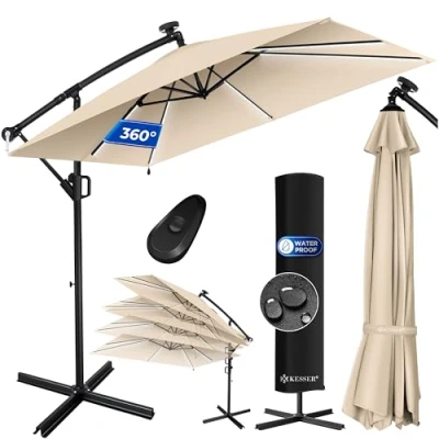 Abbildung von KESSER® Ampelschirm Holly Sonnenschirm Rechteckig LED Solar inkl. Abdeckung + Windsicherung mit Kurbel Schirm Ständer UV Schutz Aluminium Wasserabweisend Ø350cm Gartenschirm Beige