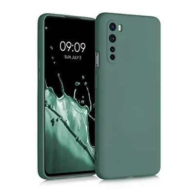 Abbildung von kwmobile Hülle kompatibel mit OnePlus Nord gummierte TPU Silikon Handyhülle Schutzhülle für kabelloses Laden Case in Tannengrün