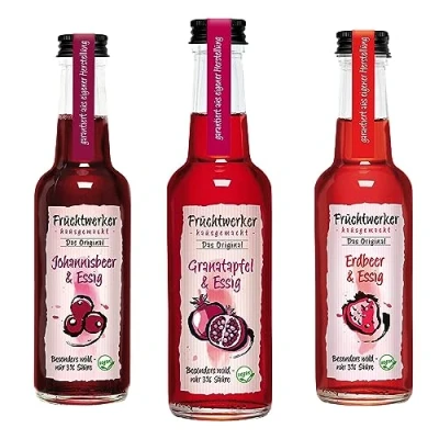 Abbildung von Fruchtwerker Essig und Granatapfel Set I Verschiedene Sorten Fruchtig Fruchtessig Rein Pflanzlich Süß In Glasflaschen (Granatapfel + Johanisbeer Himbeer)