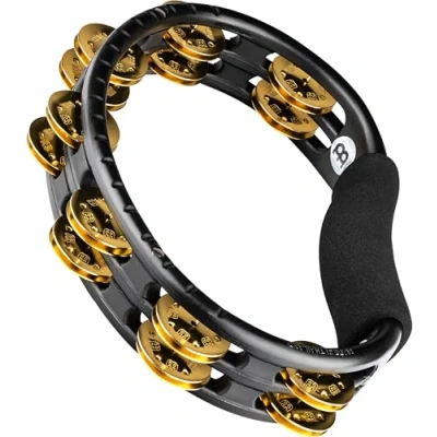 Abbildung von Meinl Percussion Headliner Hand Tambourine 2 reihiges Tamburin Mit gebogenem Griff ABS Kunststoff / Messing, Schwarz Gold (TMT1B BK)
