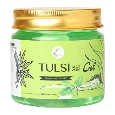 Abbildung von SVATV Tulsi (Heiliges Basilikum) Aloe Vera Gel Natürliches Spendet der Haut Feuchtigkeit hellt Hautunreinheiten im Gesicht auf Paraben und Sulfatfrei 200g