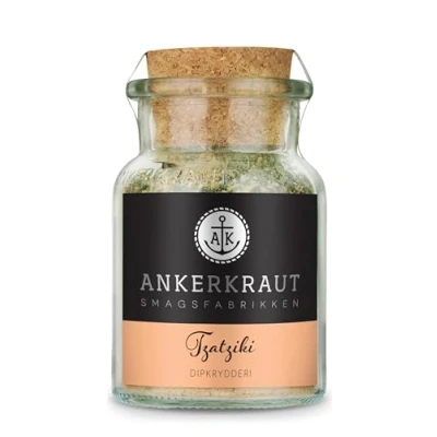 Abbildung von Ankerkraut Tzatziki, græsk dip krydderiblanding til mezedes, kartoffelbåde, brød, gyros og souvlaki med hvidløg, peber persille,100g i glas korklåg