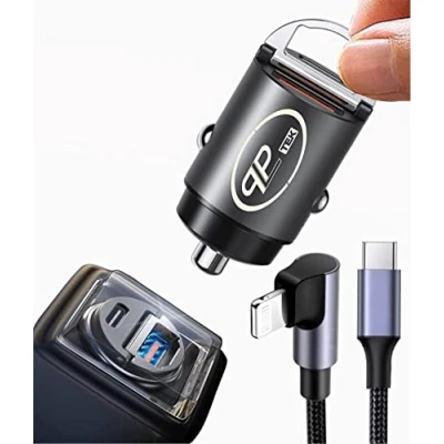 Abbildung von Plp tek USB KFZ Ladegerät für Auto (30W Dual [C+A] mit 60W iPhone Kabel, Grau)