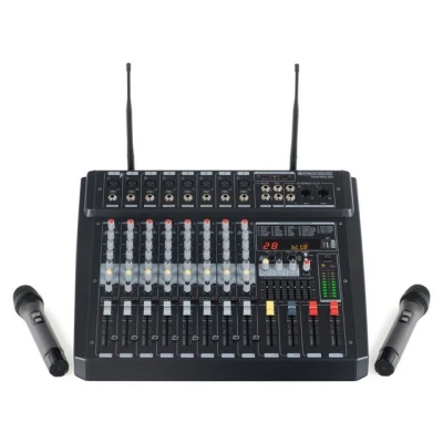 Abbildung von Pronomic Mischpult 8 Kanal Powermischer 760 Watt RMS Leistung, (inkl. 2 Funkmikrofone mit integriertem UHF Empfänger), Bluetooth®/USB Player/Recorder Grafischer Equalizer