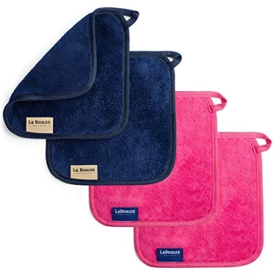 Abbildung von LaBeauté Abschminktücher Mikrofaser (4 Stück, 21x21 cm) waschbar und wiederverwendbar, Make Up Entferner Pads, Microfaser Abschminkpads, zum Gesicht Abschminken &amp; Gesichtsreinigung (navy/pink)