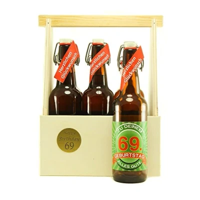 Abbildung von Bier Geschenk 6 er Holz Träger mit Fl. 69. Geburtstag