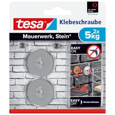 Abbildung von tesa Klebehaken 2x Klebeschraube für Mauerwerk und Stein, Halteleistung 5kg, Dekoration, Bilder, Leinwände, Lichterketten, Girlanden, (Packung, 2 St., Stück), max. 5 kg Haltekraft &amp; Stein 2er Pack