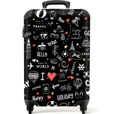 Abbildung von NoBoringSuitcases.com© Hartschalen Trolley Muster Gekritzel Reisen Urlaub Schwarz 55x35x20cm, 4 Rollen, Reisetasche mit Koffer Handgepäck Flugzeug