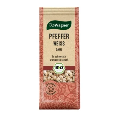 Abbildung von BioWagner Bio Pfeffer weiß ganz milde Schärfe für helle Saucen und Fleisch naturbelassene Zutaten recyclebare Verpackung 50 g