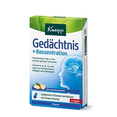 Abbildung von Kneipp Gedächtnis + Konzentration Nahrungsergänzung zur Steigerung der geistigen Leistung &amp; Verringerung von Müdigkeit Pantothensäure, Vitamin B2 B5 B6 B12 C Panax Ginseng 30 Kapseln