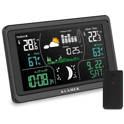 Abbildung von KLAMER Funk mit Außensensor, Digitale Funkwetterstation, Temperaturwarnung, … Wetterstation (Außensensor, Echtzeit Temp./Feuchtigkeitsmessung, RCC Uhr, 30m Reichweite)