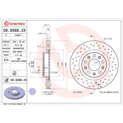 Abbildung von BREMBO Bremsscheibe ALFA ROMEO: 159 Sportwagon, Limousine, Brera 292mm 22mm 5 gelocht/innenbel. beschichtet 09.9366.2X Bremsscheiben