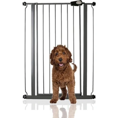 Abbildung von Bettacare Extra hoher Sicherheitsgitter für Kinder und Hunde, 75cm 83cm, Schiefergrau, hohes Babygitter von 104cm Höhe, Druckmontage Treppen