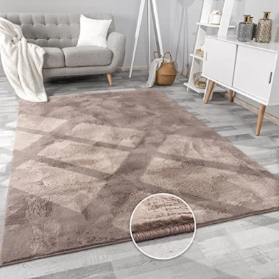 Abbildung von Paco Home Hochflor Teppich Wohnzimmer Flauschig Fellteppich Kunstfell Plüsch Shaggy Weich Fellimitat, Grösse: 160x220 cm, Farbe: Taupe