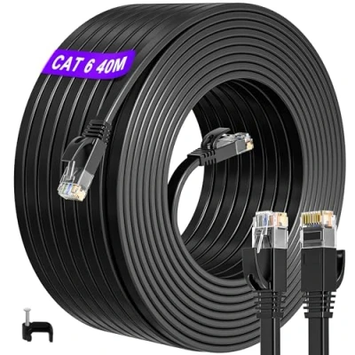 Abbildung von Ethernet Cable 40m Outdoor Indoor, Cat 6 Internet High Speed Flat Network RJ45 LAN Gigabit Thin Patch 40 Meter Waterproof Black for Router PS4/5 (40 Clips)