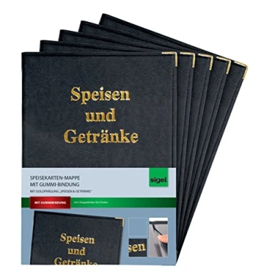 Abbildung von SIGEL SM100/5 Speisekarten Mappen für A4, Menükarte, 5er Pack, mit Gummi Bindung, schwarz Goldprägung, strapazierfähig und leicht abwischbar