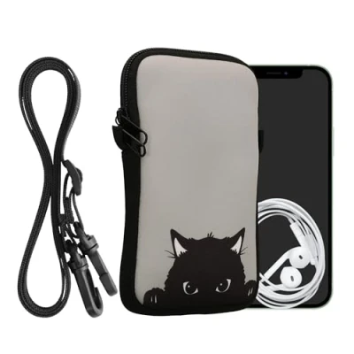 Abbildung von kwmobile Handytasche für Smartphones L 6,5&quot; Neopren Handy Hülle Grau Schwarz Tasche mit Kette 16,5 x 8,9 cm Innenmaße Neugierige Katze