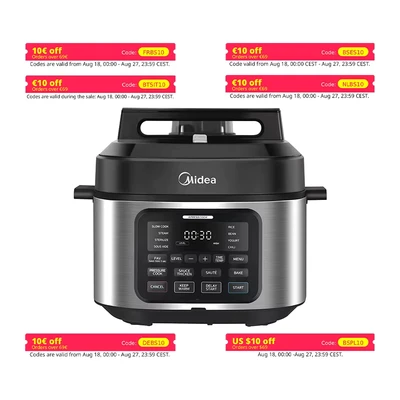 Abbildung von Midea Schnellkochtopf, 9 in 1, Multikocher mit 12 Funktionen, 6 L Reiskocher, Dampfgarer, Joghurtbereiter, Slow Cooker und Sous Vide, Sauteuse, Rezeptbuch, Edelstahl