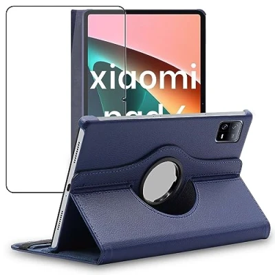 Abbildung von ebestStar Hülle für Xiaomi Pad 6 Pro, Drehbar Schutzhülle, PU Lederhülle, Rotierende Ständer Etui, Rotating Case Cover, Dunkelblau + Panzer Schutz Glas