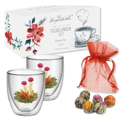 Abbildung von HerzensWahl Teeblumen Geschenkset 6x Teeblumen, 2x Teetassen &amp; Geschenkbox Erblühtee Teerosen Probierset grüner Tee (Teegläser Set) für Teeliebhaber