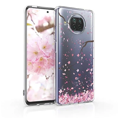 Abbildung von kwmobile Case kompatibel mit Xiaomi Mi 10T Lite Hülle Silikon Transparent Kirschblütenblätter Rosa Dunkelbraun