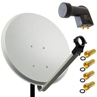 Abbildung von PremiumX Satelliten Komplettanlage 60cm Satellitenschüssel Stahl Hellgrau Satellitenantenne SAT Twin LNB 4X F Stecker 2 Teilnehmer