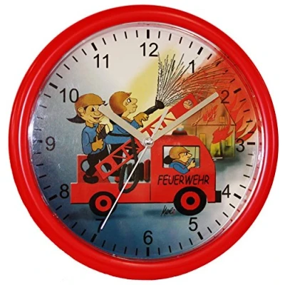 Abbildung von Eurotime Kinder Wanduhr Feuerwehr, kein Ticken, schleichende Sekunde (geräuscharm) 25 cm; 80025 01