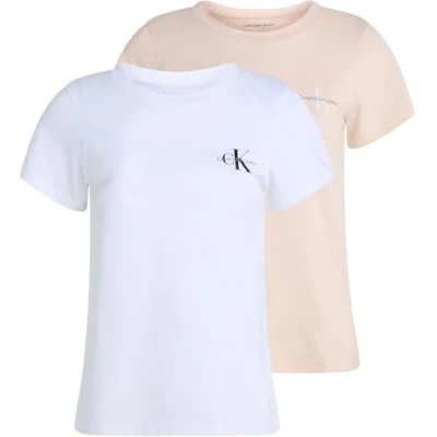 Abbildung von Calvin Klein Damen 2er Pack T Shirts Kurzarm Monologo Tee Slim Fit, Mehrfarbig (Silver Peony / Brilliant White), XS
