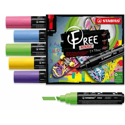 Abbildung von Acrylmarker STABILO FREE Acrylic T800C Keilspitze 4 10mm Seaside 5er Pack mit 5 verschiedenen Farben