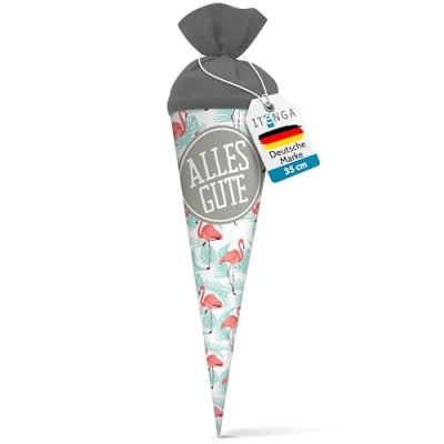 Abbildung von itenga Geschwisterschultüte 35 cm Tiere Pflanzen Muster Geschenkverpackung Schultüte Zuckertüte Filzverschluss Kinder Erwachsene (Flamingo mit Text)