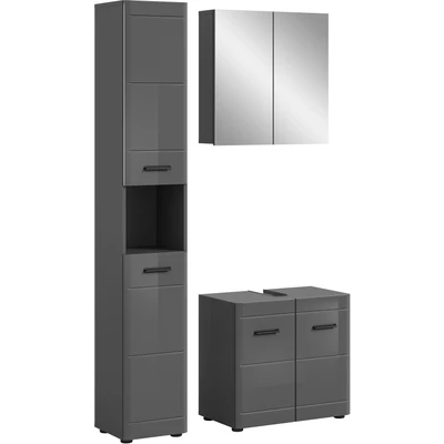 Abbildung von welltime Badmöbel Set &quot;Doux, bestehend aus: Hochschrank, Waschbeckenunterschrank,&quot;, (3 St.), Spiegelschrank, hochwertige hochglanz MDF Front mit Rillenfräsung