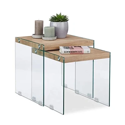 Abbildung von Relaxdays, Natur Satztisch 2er Set, Massive Holzplatte, edle Glas Beistelltische, Wohnzimmer, Couchtische 40 45 cm hoch, Standard