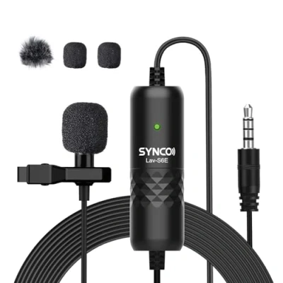 Abbildung von SYNCO Lavalier Mikrofon, Ansteckmikrofon Omnidirektional Clip on Microphone mit Windschutz, 3.5mm TRS/TRRS, 6 Meter für Smartphone Handy iPhone Android Huawei Samsung, PC Laptop, Kamera DSLR Lav S6E